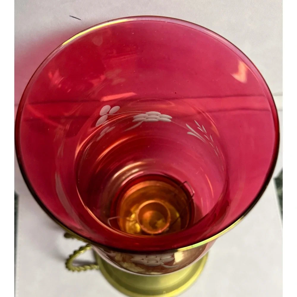 Vintage Cranberry Color Etched Glass Hurricane Candle Holder Brass Base 9.5